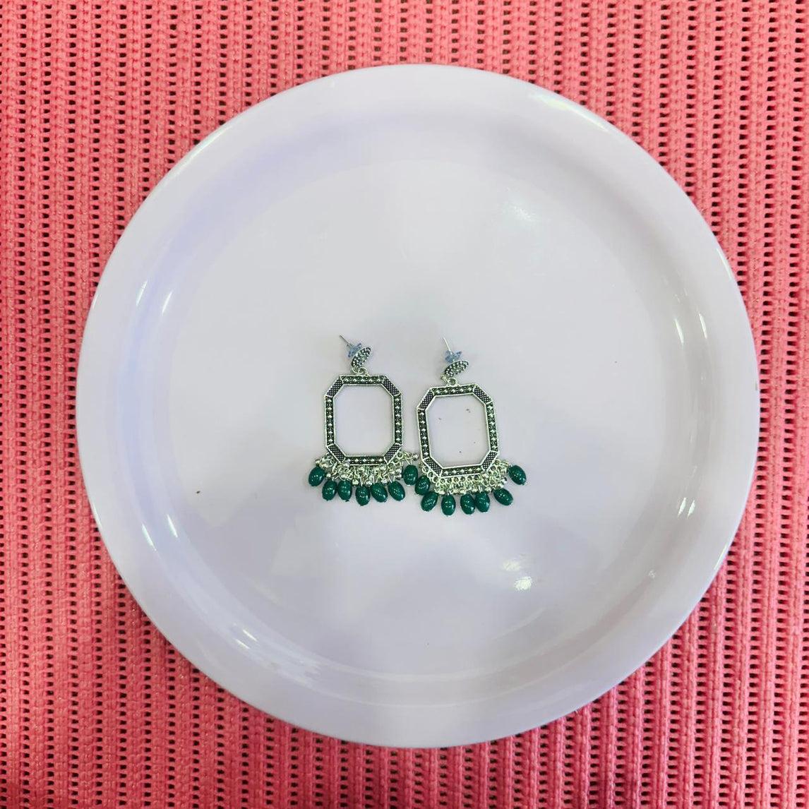 S. Hexagon Jhumka -Green Beads