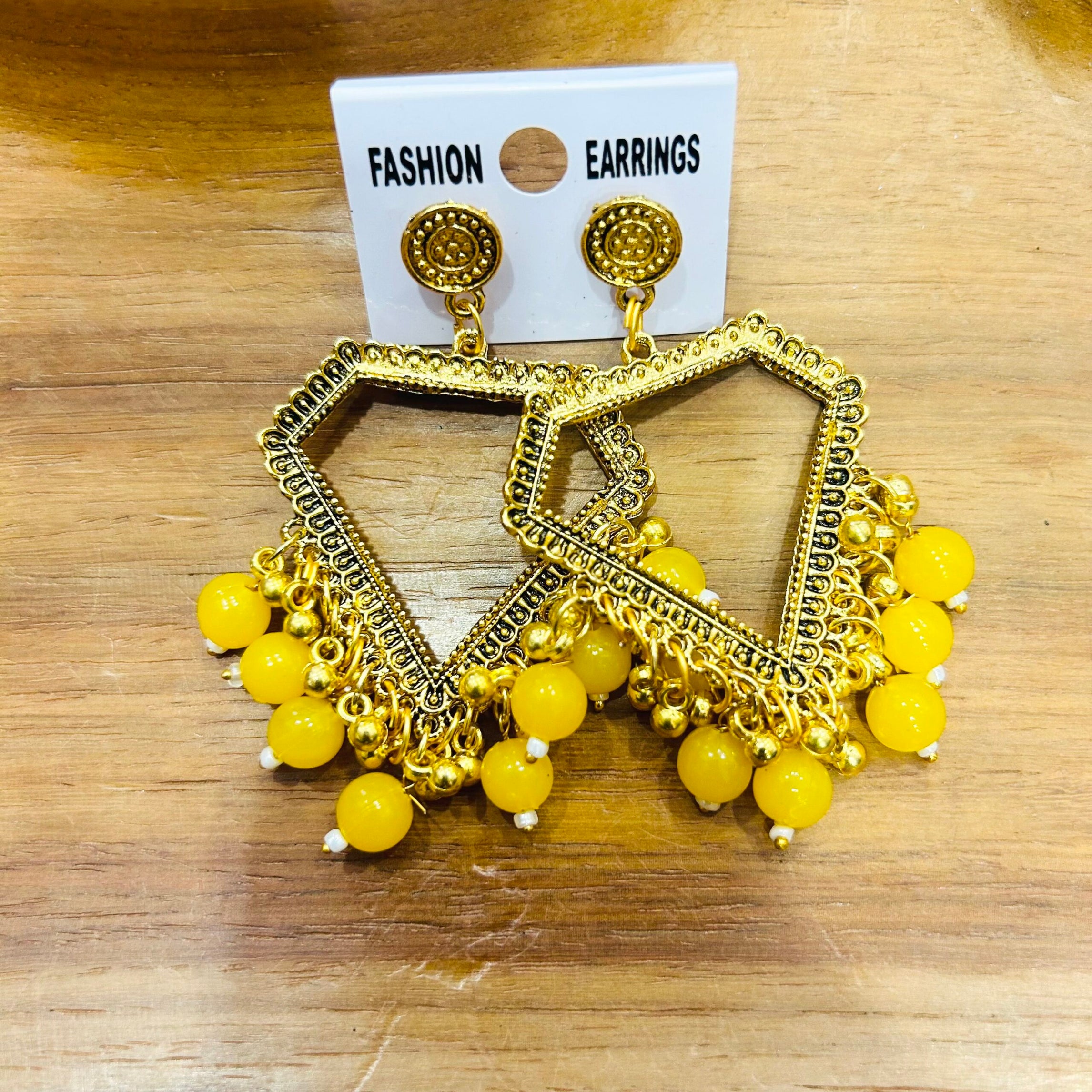 G. Diamond Jhumka - Yellow Beads