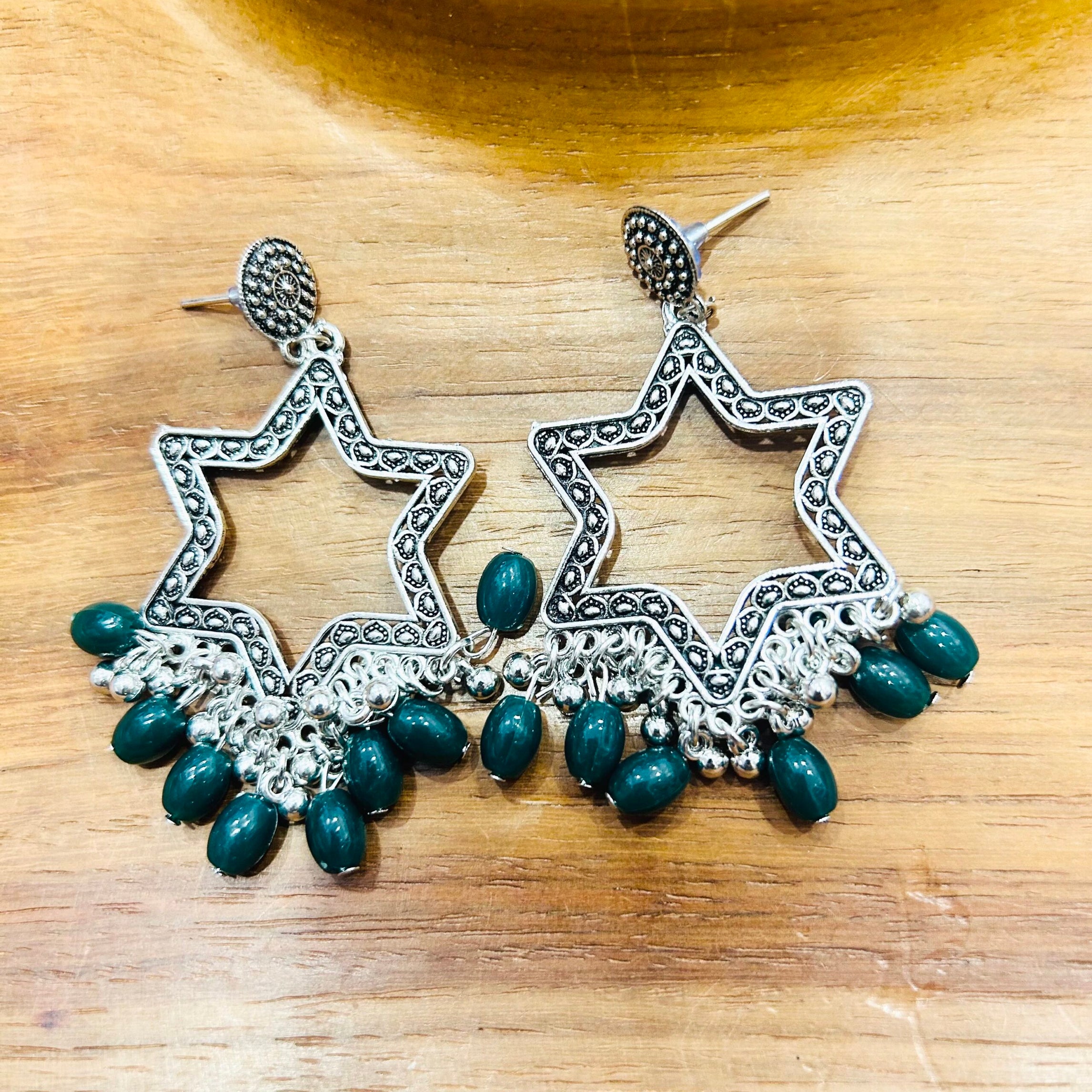 S. Star Jhumka - Green Beads