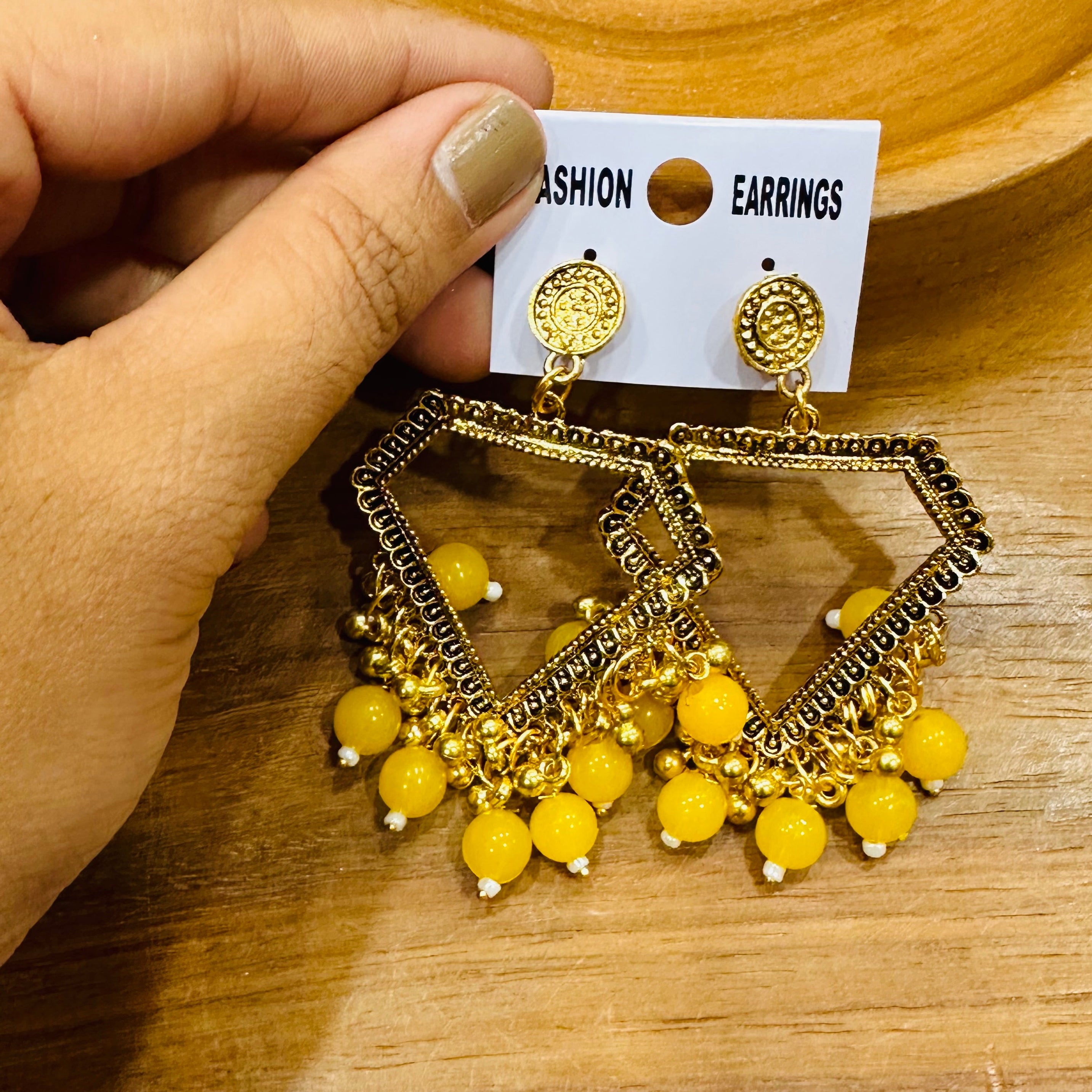 S. Diamond Jhumka - Yellow Beads