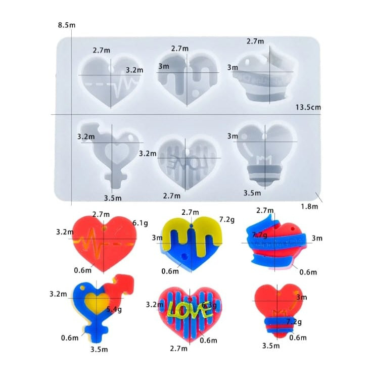 6 cavity heart - shaped keychain & pendant mould